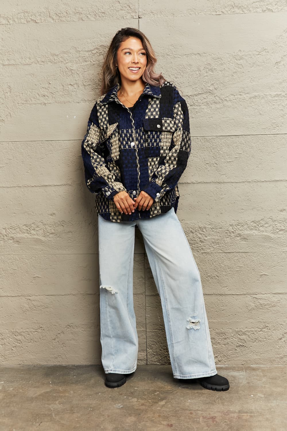 Plaid Collared Neck Drop Shoulder Jacket - AllIn Computer