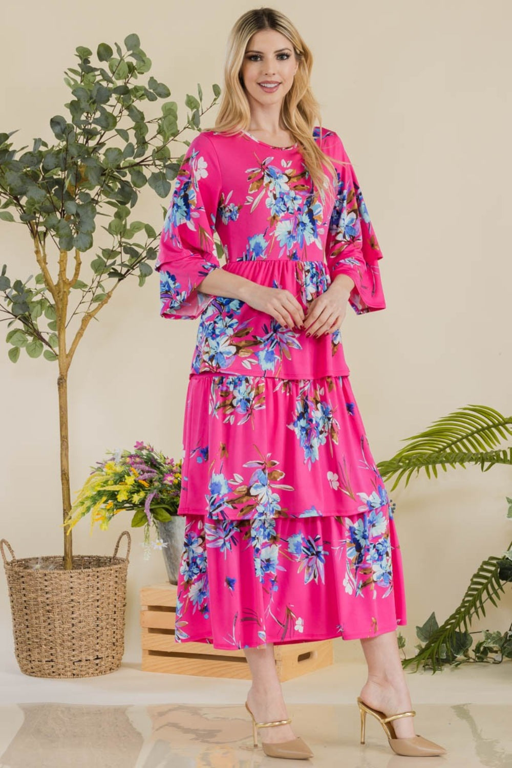 Celeste Full Size Floral Ruffle Tiered Midi Dress - AllIn Computer