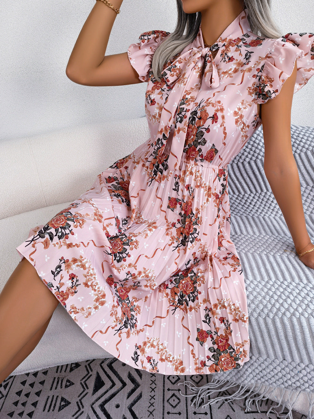 Pleated Floral Printed Tie Neck Knee Length Dress - AllIn Computer