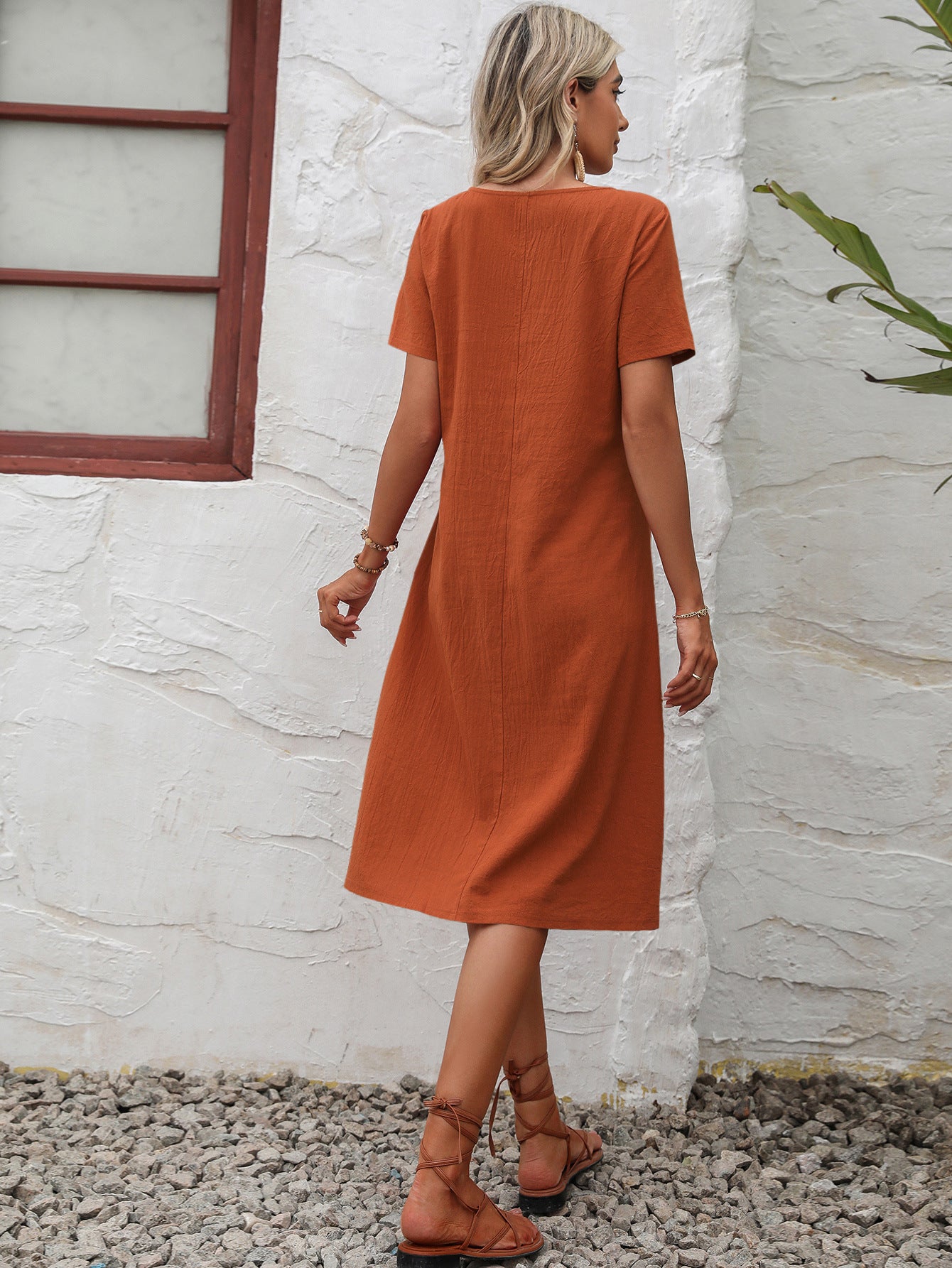 Round Neck Short Sleeve Dress with Pockets - AllIn Computer