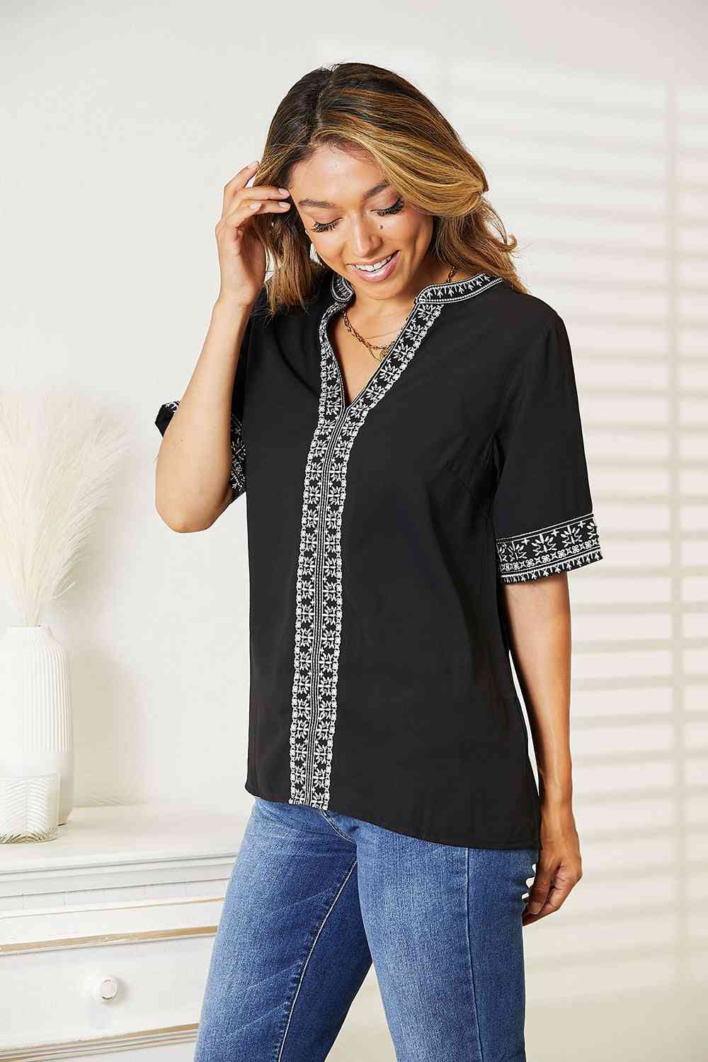 Double Take Embroidered Notched Neck Top - AllIn Computer