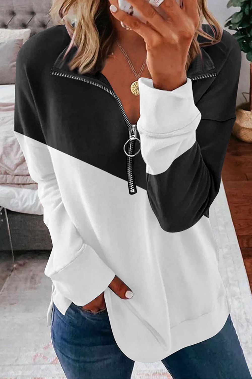 Contrast Zip-Up Collared Neck Dropped Shoulder Blouse - AllIn Computer