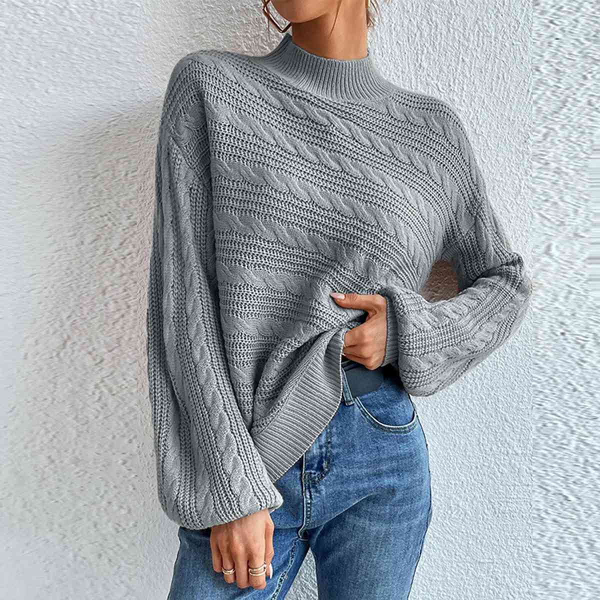 Cable-Knit Mock Neck  Long Sleeve Sweater - AllIn Computer