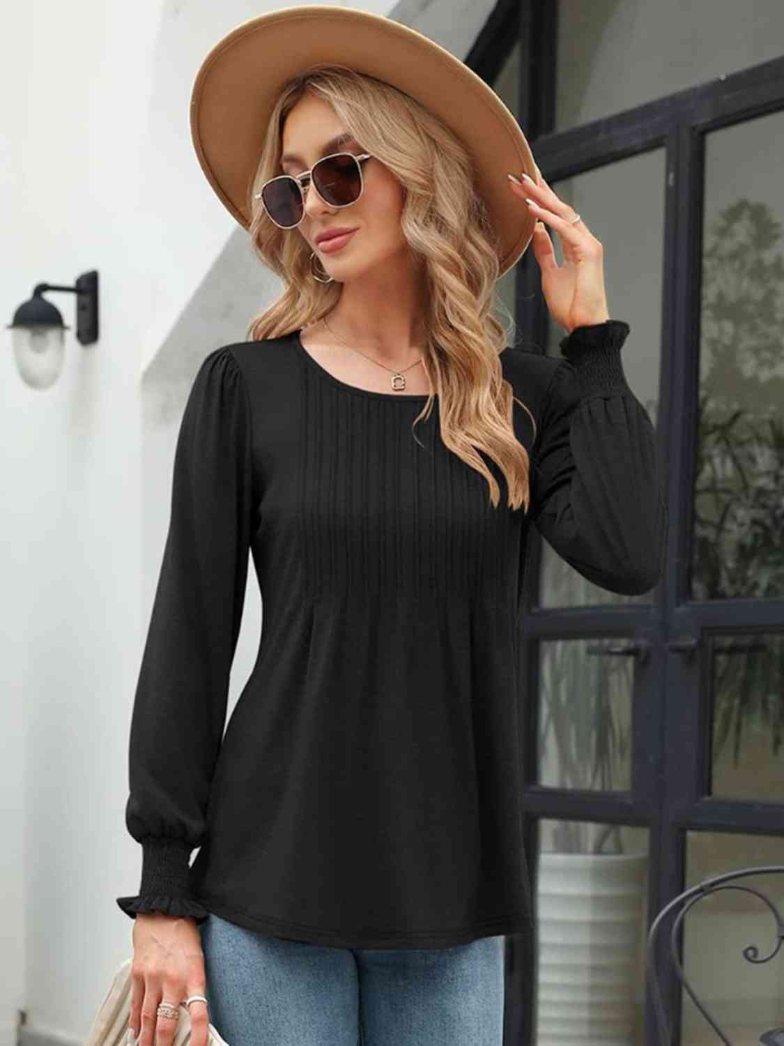 Smocked Round Neck Lantern Sleeve Blouse - AllIn Computer