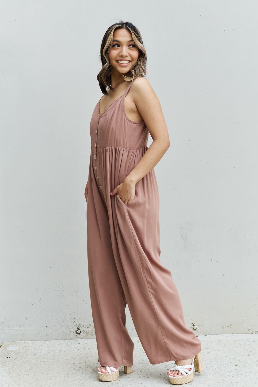 HEYSON All Day Full Size Wide Leg Button Down Jumpsuit in Mocha - AllIn Computer