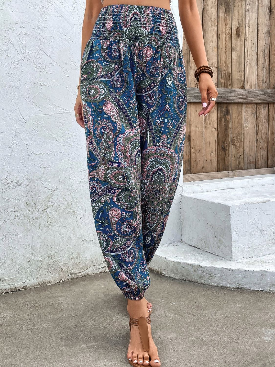 Printed Smocked Waist Pants - AllIn Computer