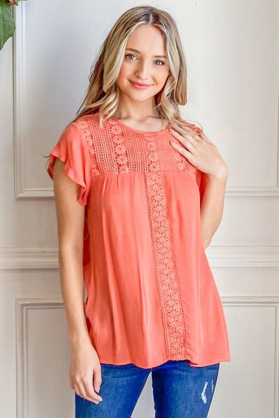 And The Why Lace Detail Ruffle Short Sleeve Blouse - AllIn Computer