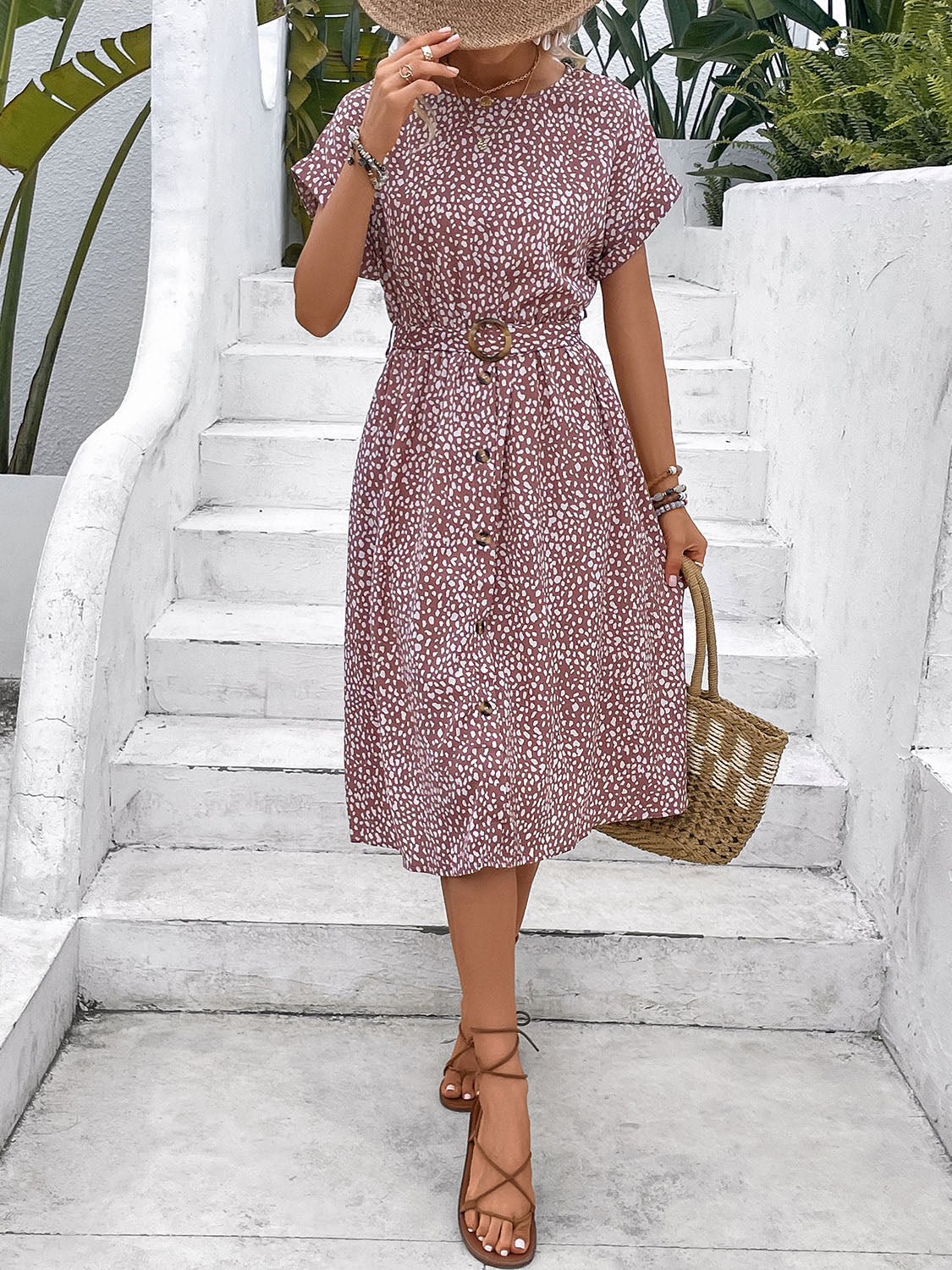 Printed Round Neck Short Sleeve Dress - AllIn Computer