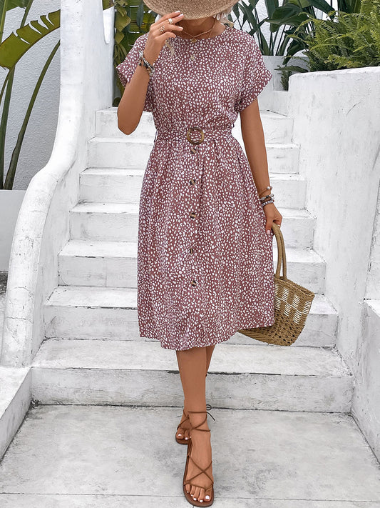 Printed Round Neck Short Sleeve Dress - AllIn Computer