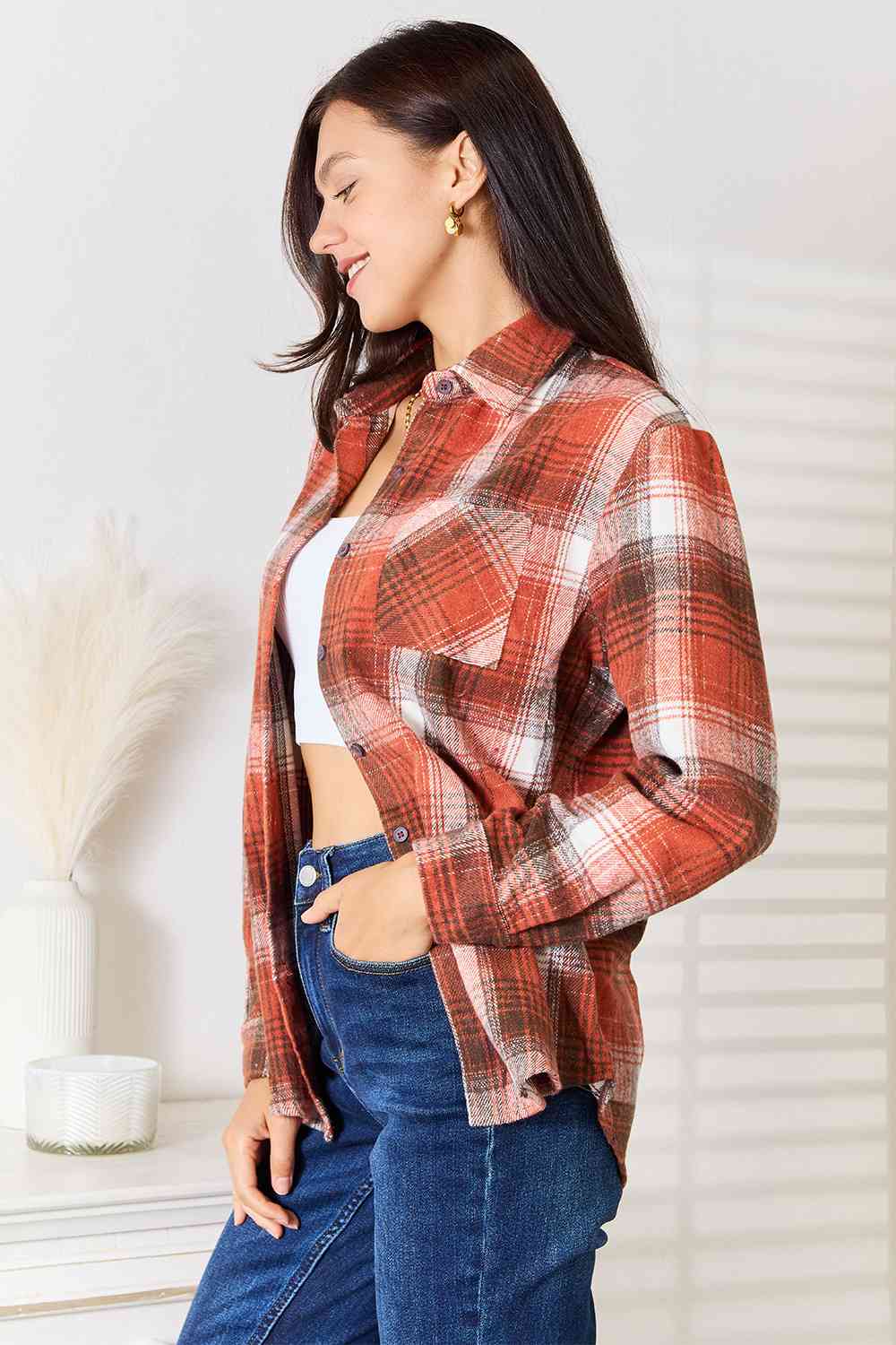 Double Take Plaid Collared Neck Long Sleeve Shirt - AllIn Computer