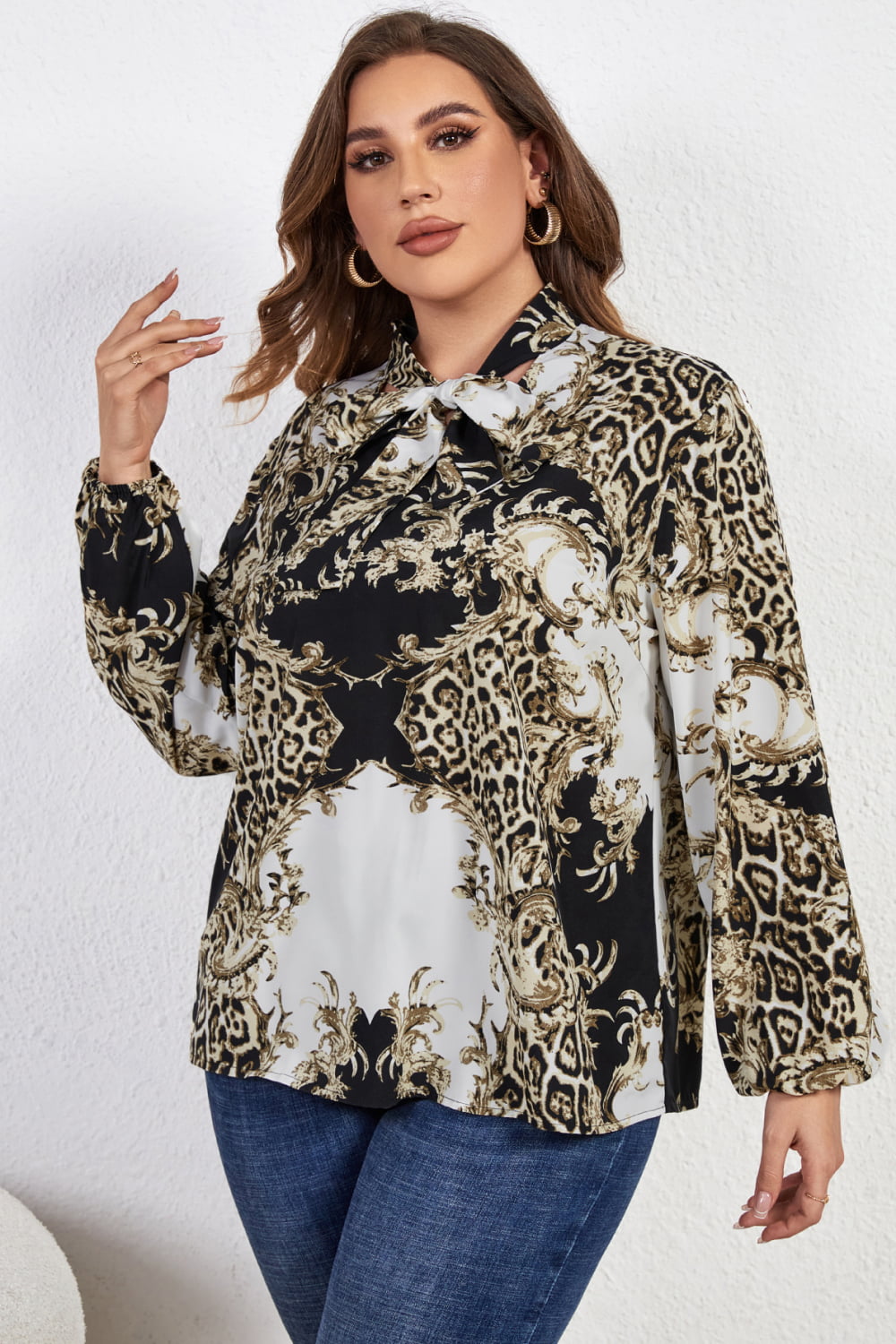 Melo Apparel Plus Size Printed Tie Neck Long Sleeve Blouse - AllIn Computer