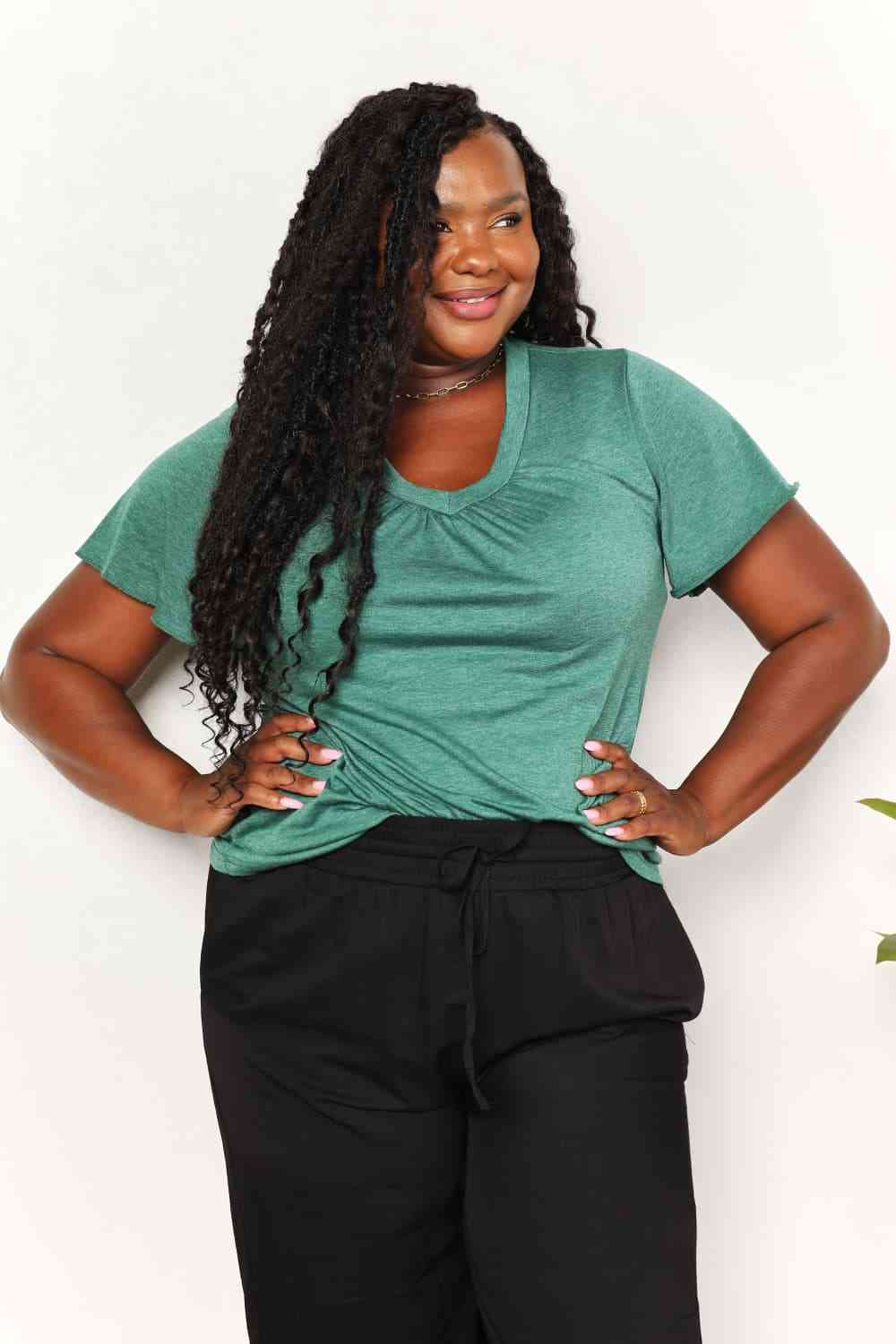 Double Take Ruched V-Neck Short Sleeve T-Shirt - AllIn Computer