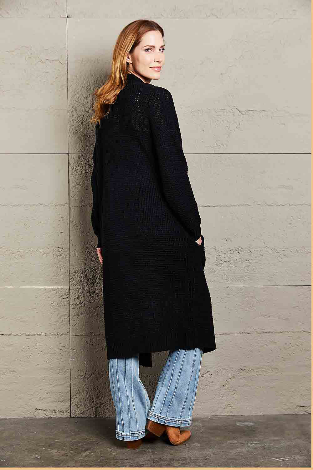 Double Take Waffle Knit Open Front Duster Cardigan With Pockets - AllIn Computer