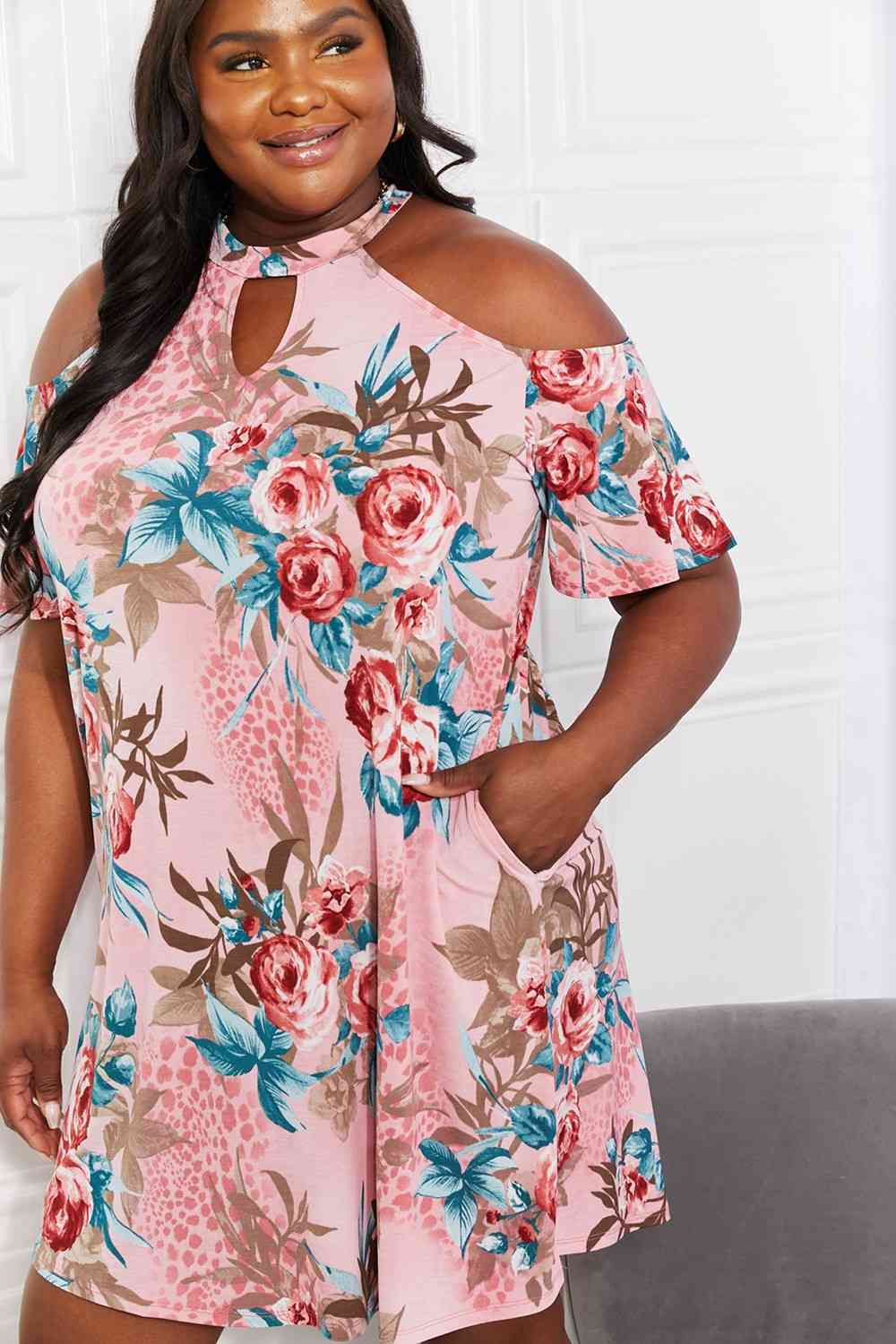 Sew In Love Full Size Fresh-Cut Flowers Cold-Shoulder Dress - AllIn Computer
