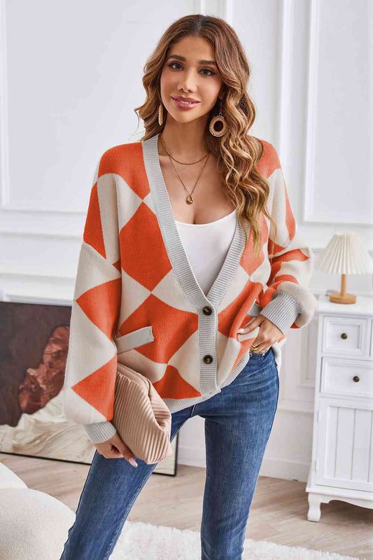 Geometric Lantern Sleeve Cardigan with Pockets - AllIn Computer