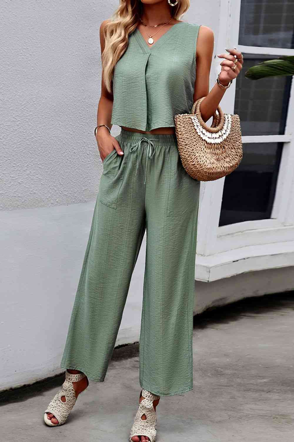V-Neck Tank and Drawstring Pants Set | CLOTHING,SHOES & ACCESSORIES | DY, outfit sets, Ship From Overseas | Trendsi