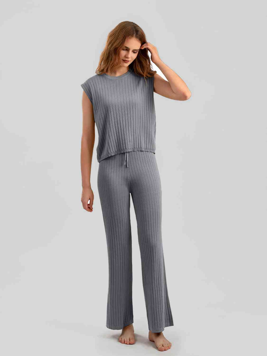 Ribbed Sweater Vest and Drawstring Knit Pants Set - AllIn Computer