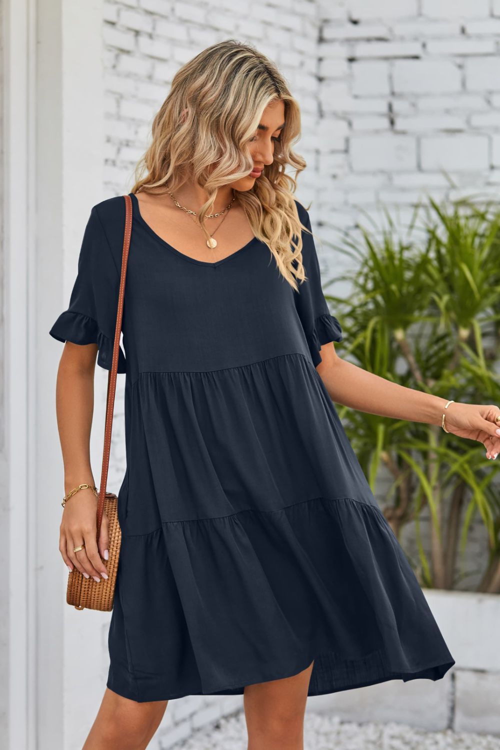 V-Neck Flounce Sleeve Tiered Dress - AllIn Computer