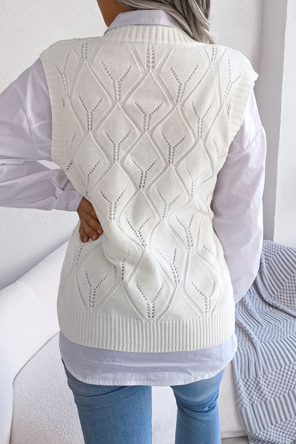 Openwork Ribbed Trim Sweater Vest - AllIn Computer