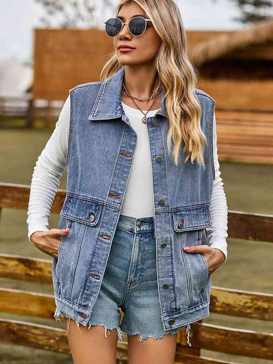 Sleeveless Denim Jacket with Pockets - AllIn Computer