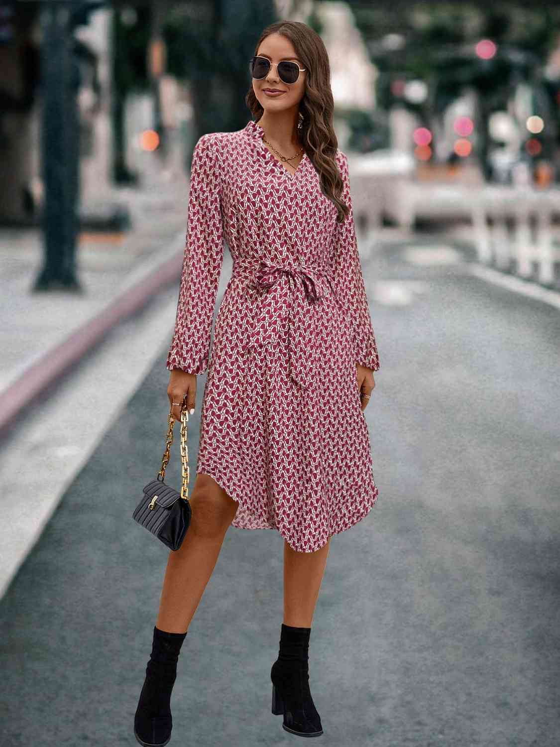 Printed Notched Tie Front Long Sleeve Dress - AllIn Computer