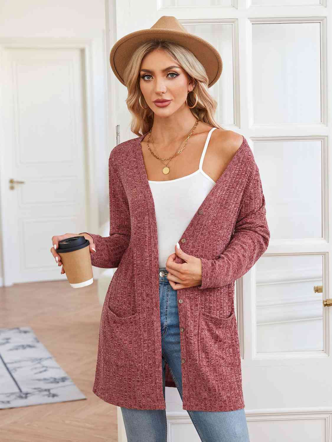 Ribbed Button Up Cardigan with Pockets - AllIn Computer