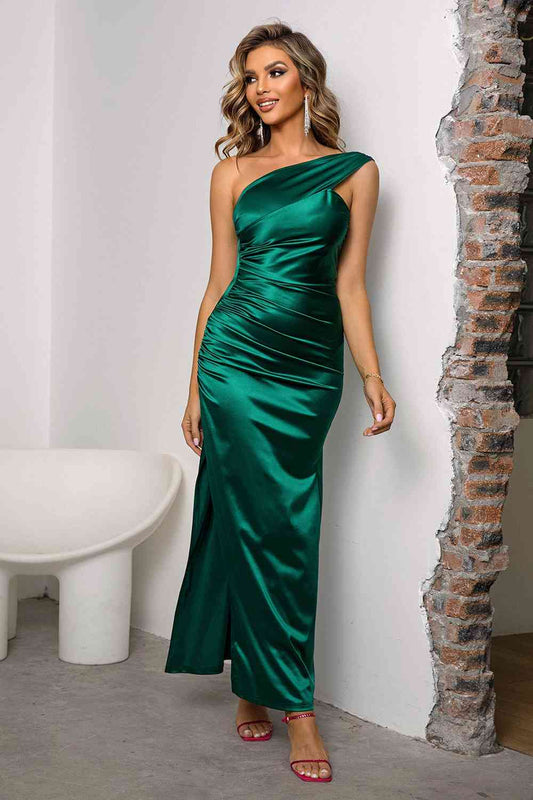 One-Shoulder Ruched Slit Maxi Dress - AllIn Computer