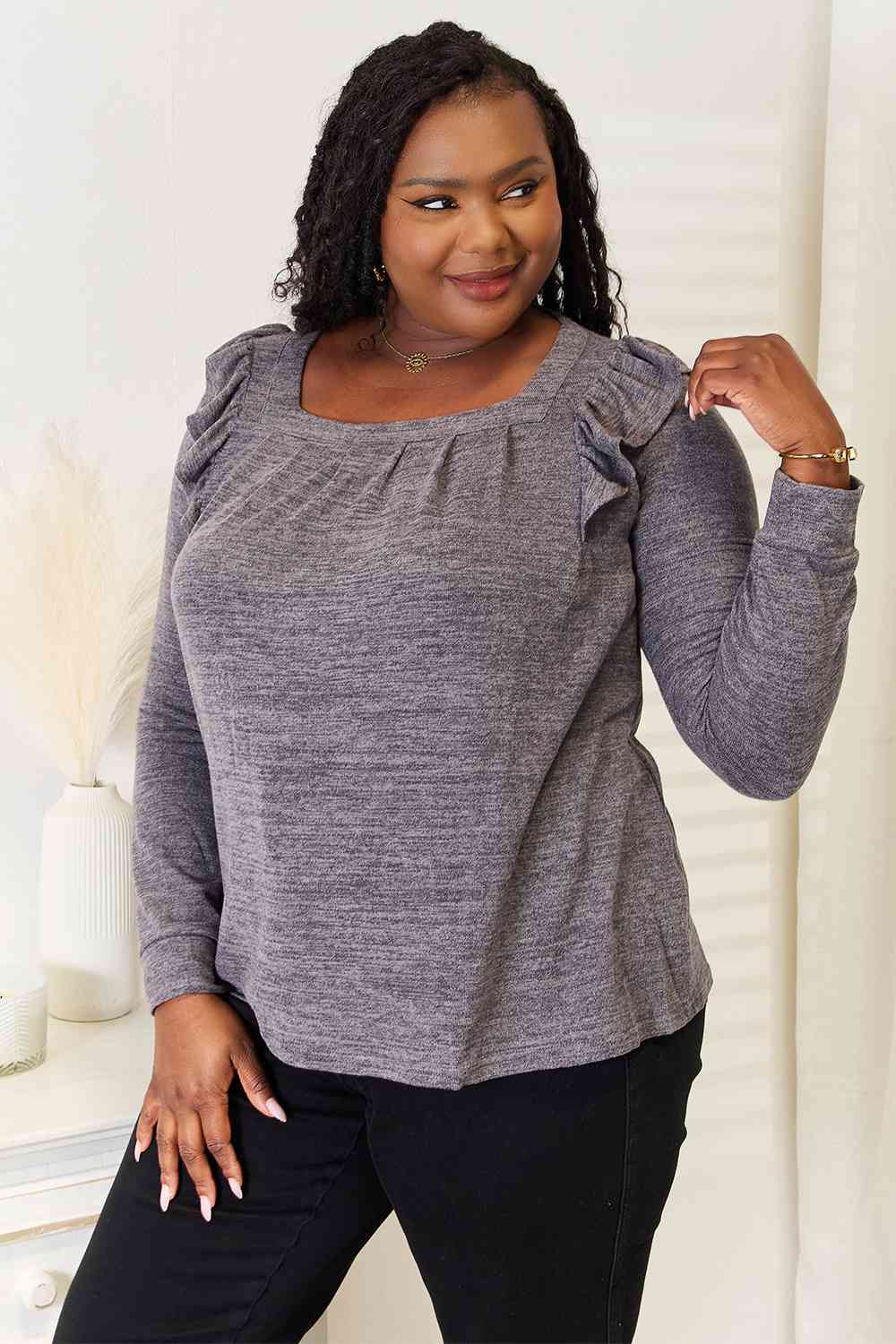 Double Take Square Neck Ruffle Shoulder Long Sleeve T-Shirt - AllIn Computer