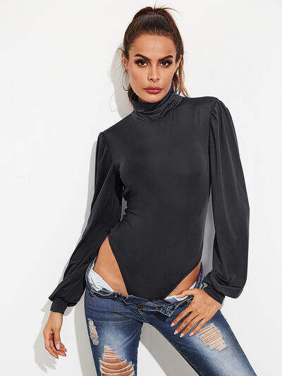 Backless Tie-Waist Turtleneck Lantern Sleeve Bodysuit - AllIn Computer