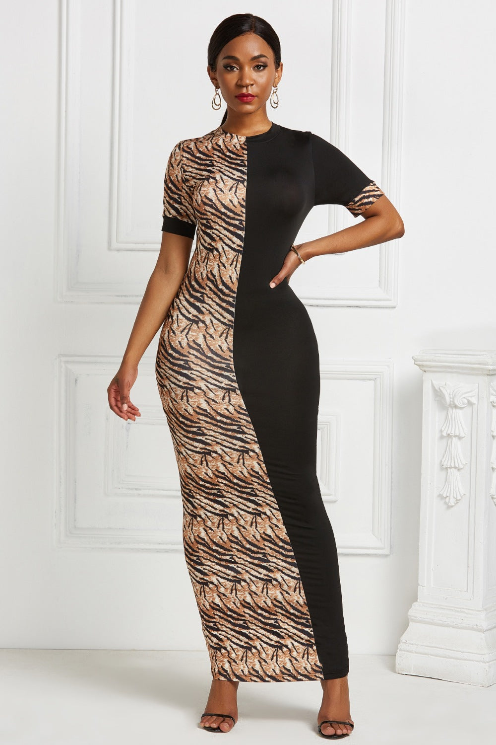 Two-Tone Round Neck Short Sleeve Maxi Dress - AllIn Computer
