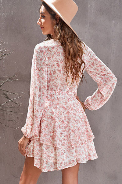Floral Surplice Balloon Sleeve Layered Dress - AllIn Computer