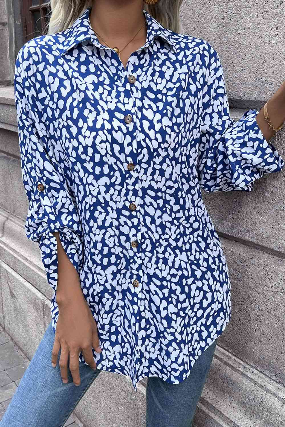 Double Take Leopard Roll-Tap Sleeve Shirt - AllIn Computer