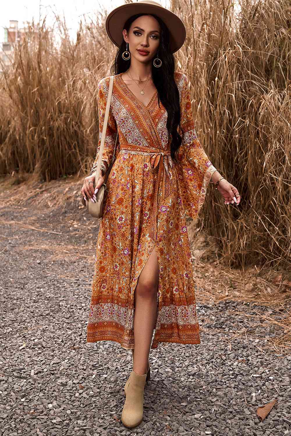 Bohemian Surplice Neck Slit Dress - AllIn Computer