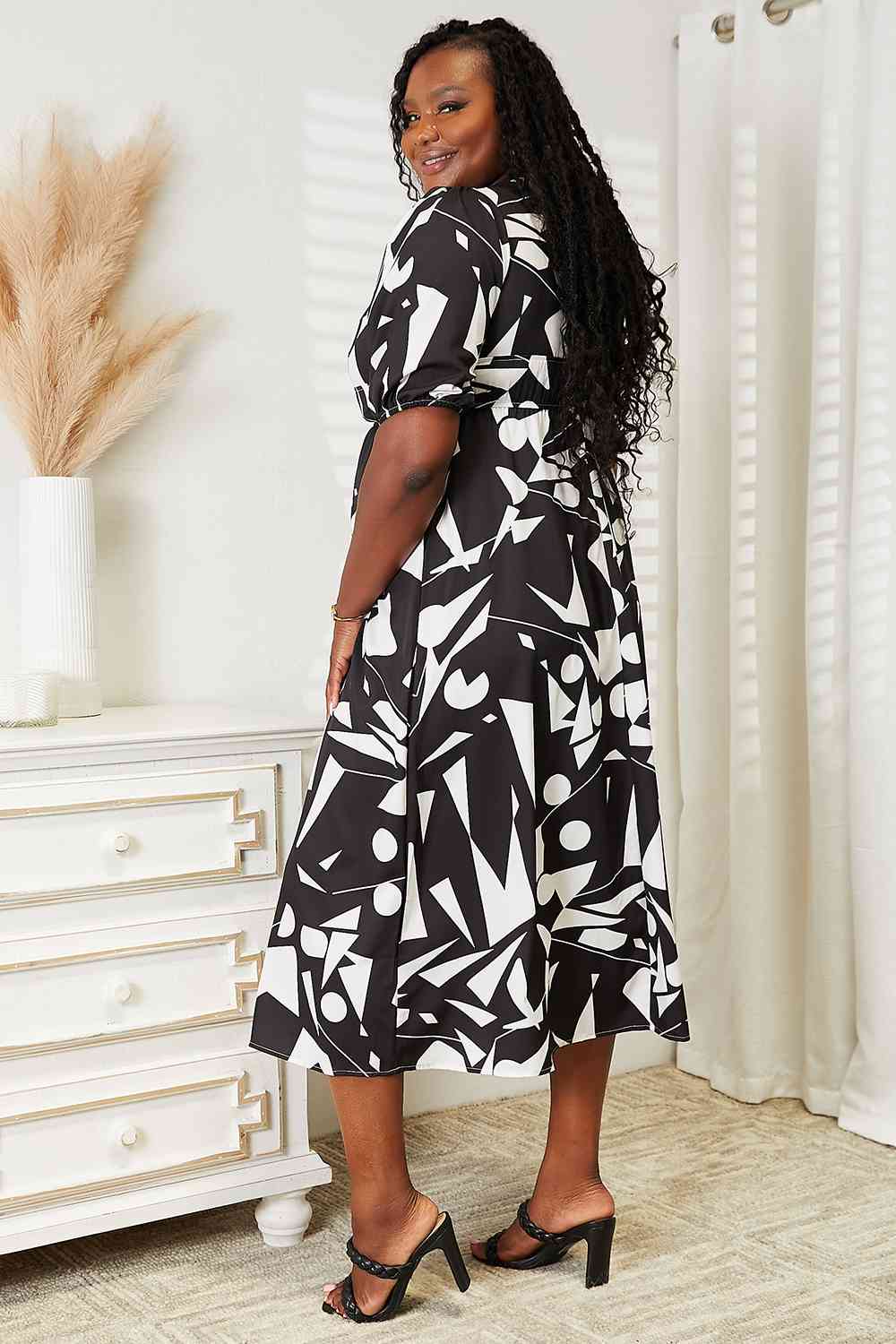 Double Take Printed Surplice Balloon Sleeve Dress - AllIn Computer