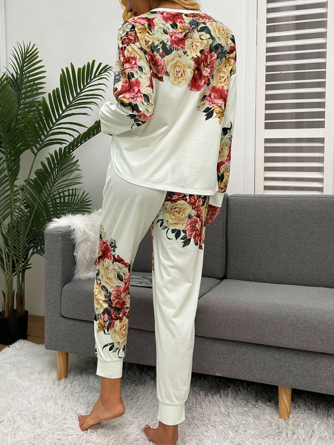 Printed Round Neck Top and Pants Lounge Set - AllIn Computer