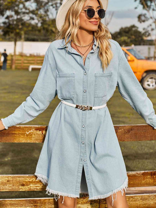 Button Up Collared Neck Raw Hem Denim Dress - AllIn Computer