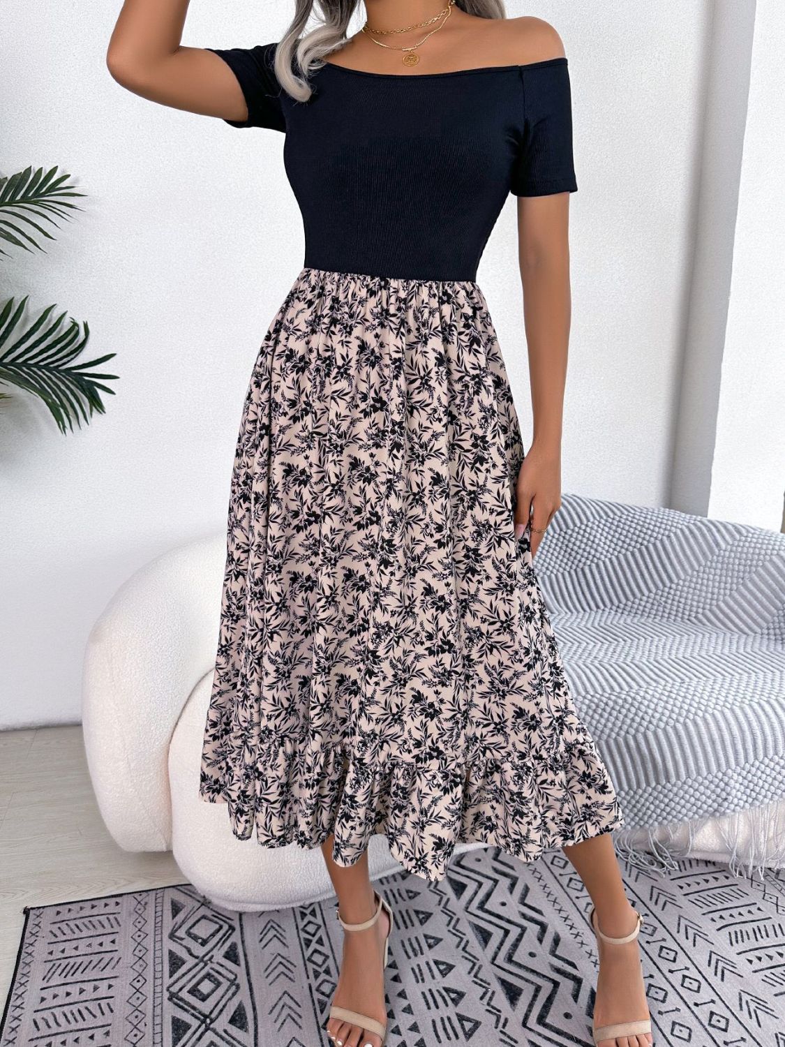 Printed Off-Shoulder Ruffle Hem Dress - AllIn Computer