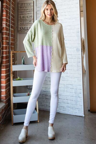 Culture Code Color Block Round Neck Dropped Shoulder Blouse - AllIn Computer