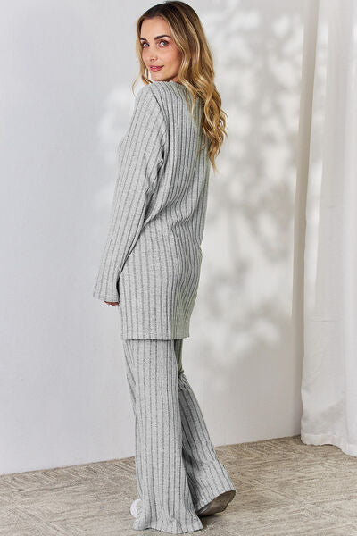 Basic Bae Full Size Ribbed High-Low Top and Wide Leg Pants Set - AllIn Computer