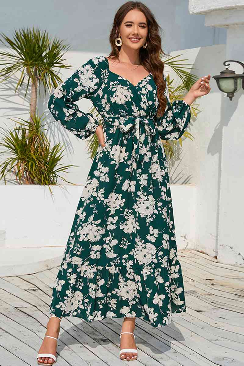 Floral Print V-Neck Long Sleeve Maxi Dress - AllIn Computer