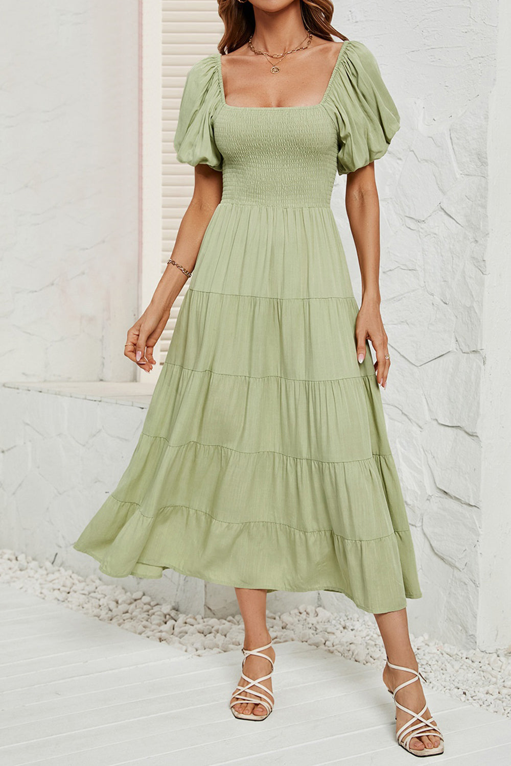 Smocked Square Neck Puff Sleeve Dress - AllIn Computer
