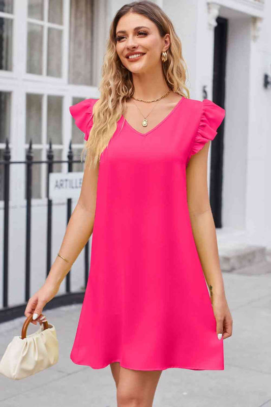 Ruffled V-Neck Flutter Sleeve Dress - AllIn Computer