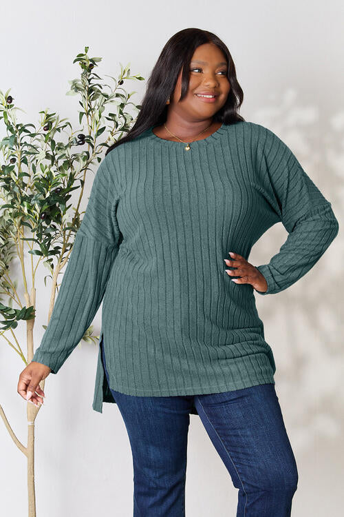Basic Bae Full Size Ribbed Round Neck Long Sleeve Slit Top - AllIn Computer