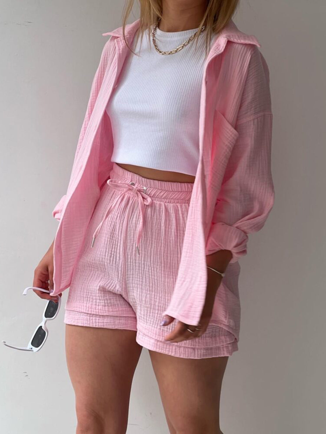 Texture Button Up Shirt and Drawstring Shorts Set - AllIn Computer