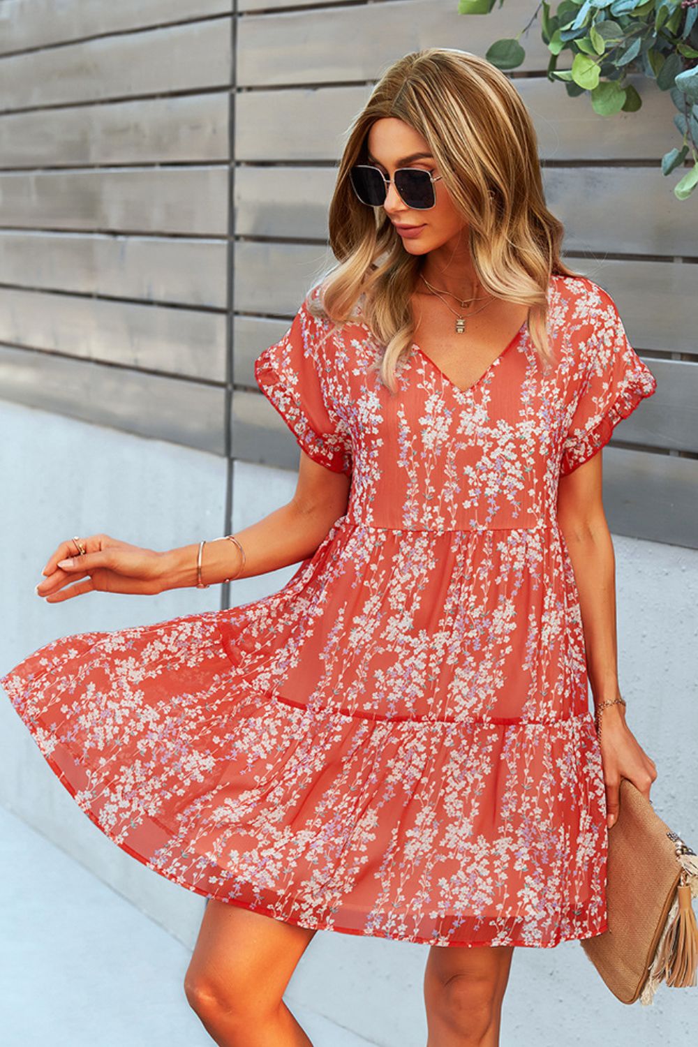 Printed V-Neck Short Sleeve Tiered Dress - AllIn Computer