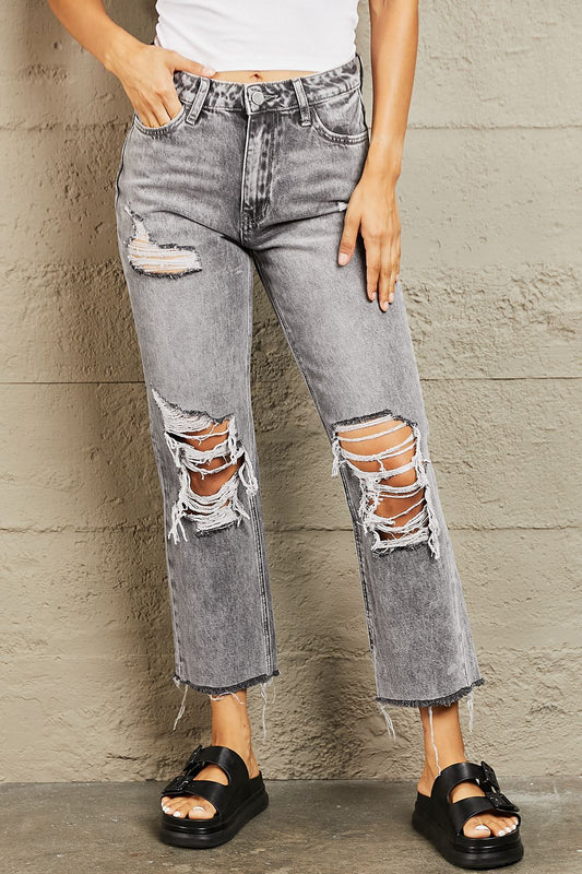 BAYEAS Acid Wash Distressed Cropped Straight Jeans - AllIn Computer