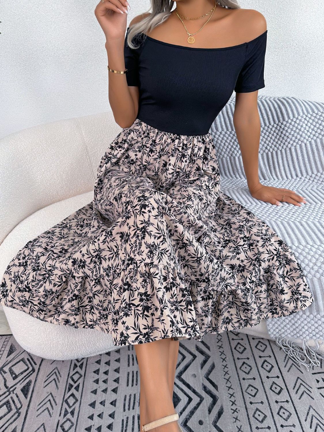 Printed Off-Shoulder Ruffle Hem Dress - AllIn Computer