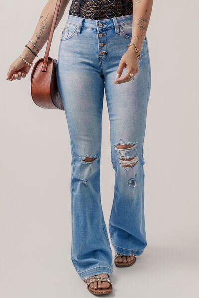 Button-Fly Distressed Flare Jeans - AllIn Computer