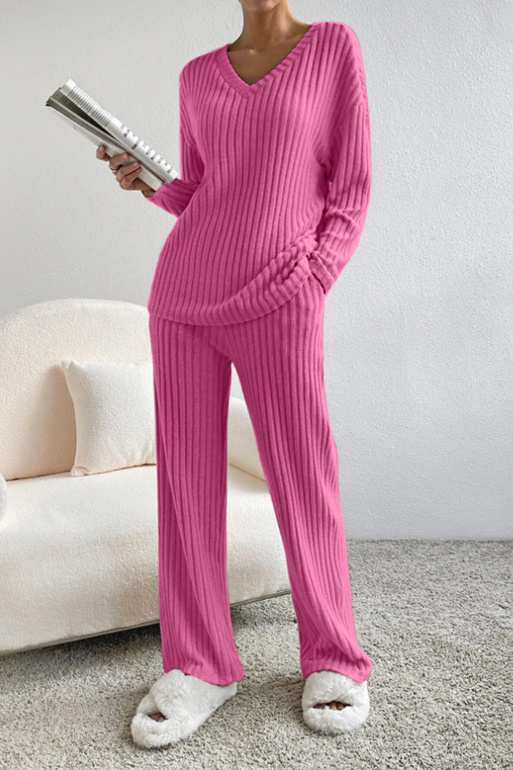 Ribbed V-Neck Top and Pants Set - AllIn Computer