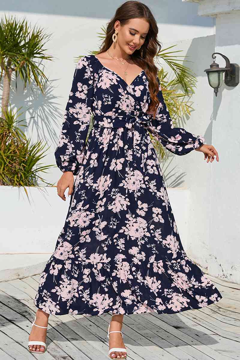 Floral Print V-Neck Long Sleeve Maxi Dress - AllIn Computer